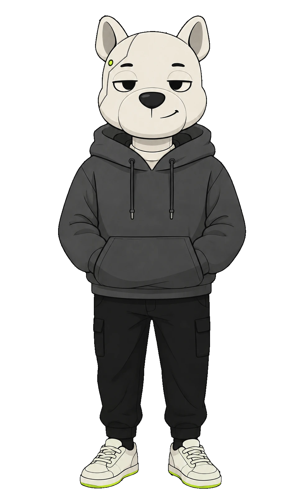 Artificial Chill Guy, a calm robotic dog character in a grey hoodie and black cargo joggers